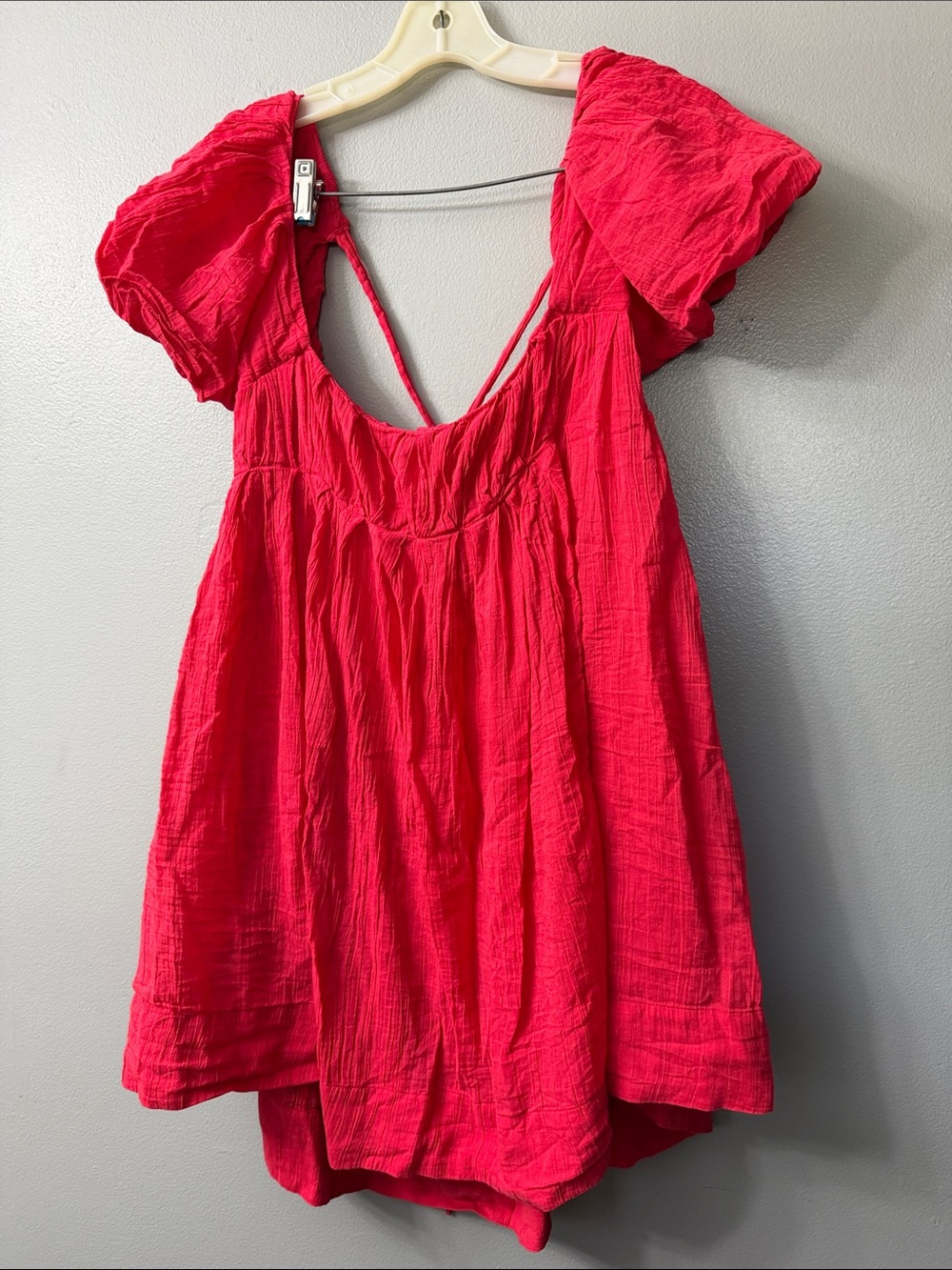Free People Marina Mini Dress red Coral Red Textured Gauze  puff sleeve Large - Picture 7 of 9